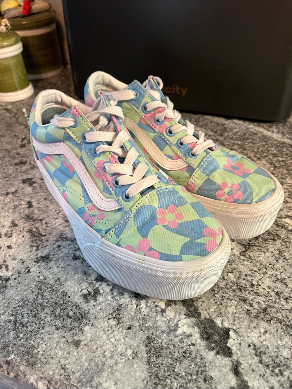 VANS Floral Blue Checkerboard Old Skool Stacked Platforms Women’s 7.5